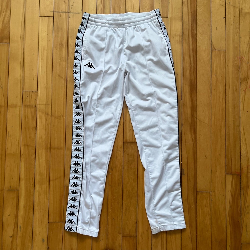 Kappa Track Pants White Black Logo Tape Athletic Joggers Youth 16 Years / Men XS